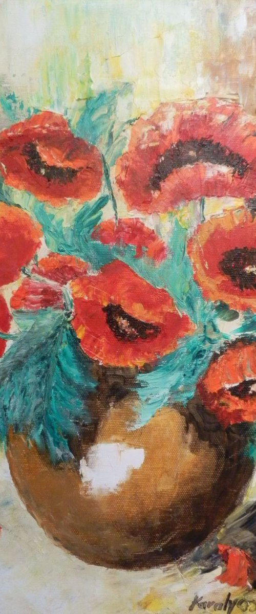 Poppies in a brown pot by Maria Karalyos