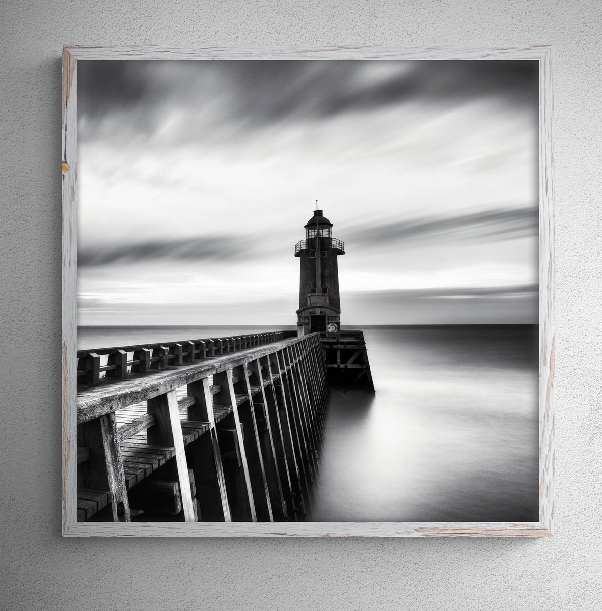 Impressionistic Landscape Photograph By Karim Carella, 37 X 37", A Lighthouse At The Port, Original Artwork