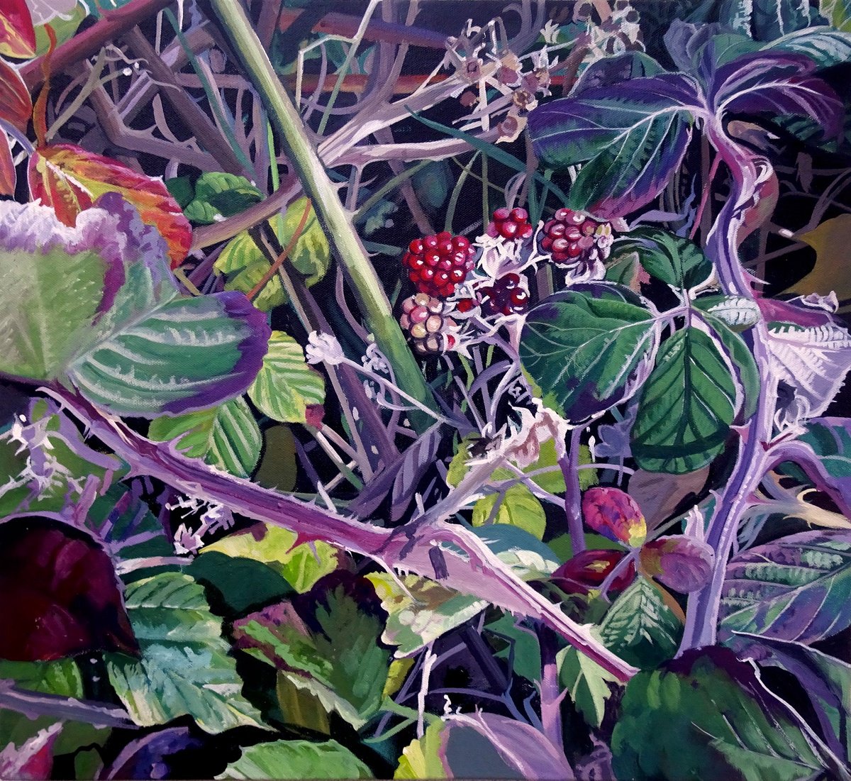 Impressionistic Botanical Acrylic Painting By Joseph Lynch, 22 X 20, Brambles In The Autumn Sunlight, Original Artwork