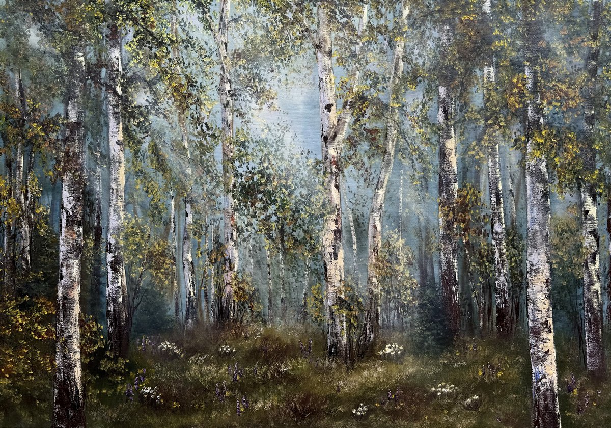 Impressionistic Landscape Oil Painting By Tanja Frost, 39 X 28", Birch Forest, Original Artwork
