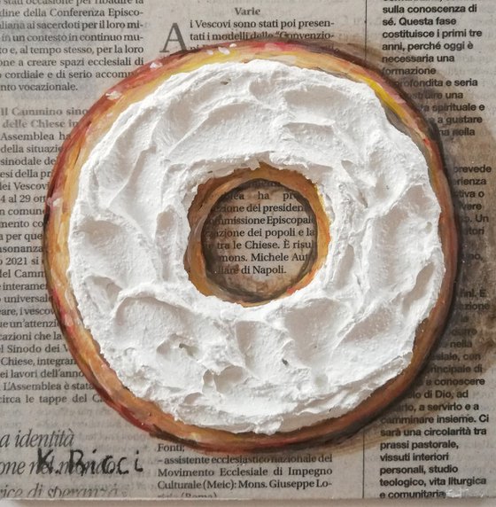 "Toast with Cream Cheese" Original Acrylic on Wooden Board Painting 6 by 6 inches (15x15 cm)