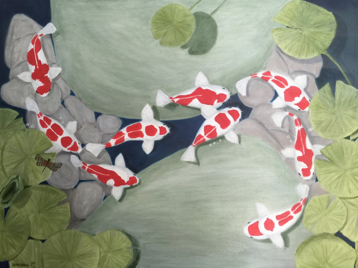 Photorealistic Animal Oil Painting By Leslie Dannenberg, 40 X 30", Koi Fish In A Pond, Original Artwork