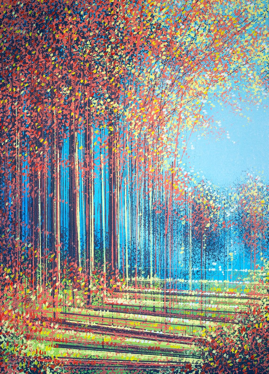 Impressionistic Landscape Acrylic Painting By Marc Todd, 17 X 23", Sunlit Autumn Forest, Original Artwork