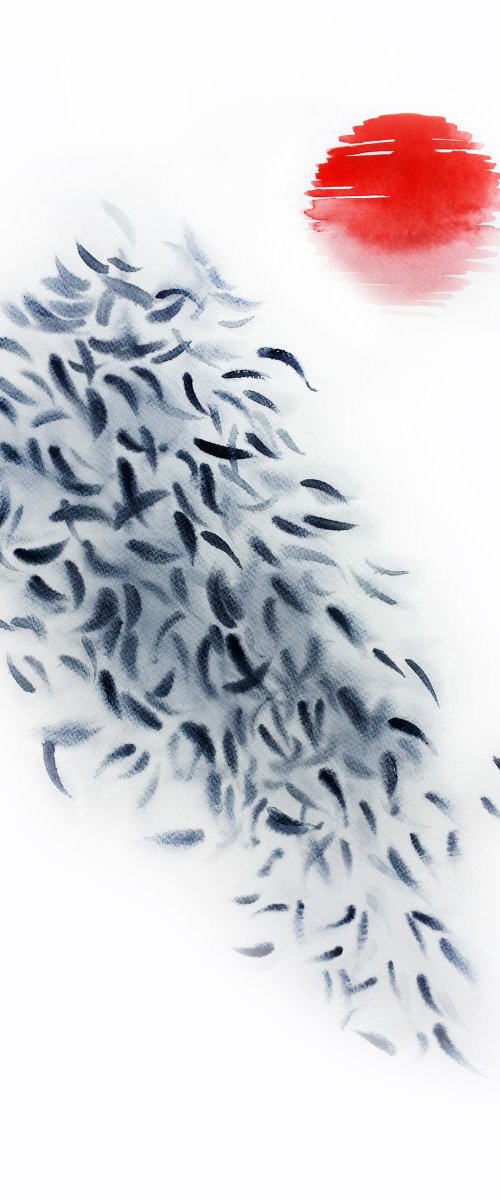 Shoal of Fish - black and red by Olga Beliaeva Watercolour