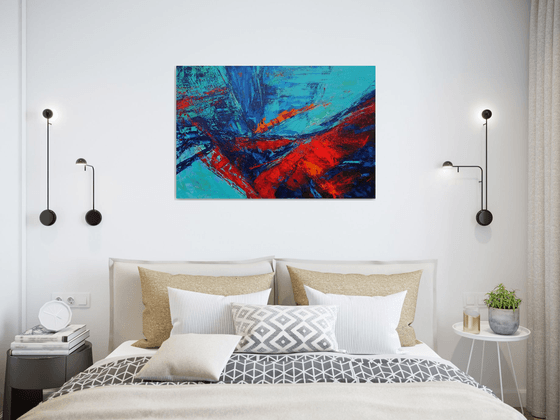 Large Abstract Blue Turquoise Red Landscape Painting. Modern Textured Art. Abstract. 61x91cm.