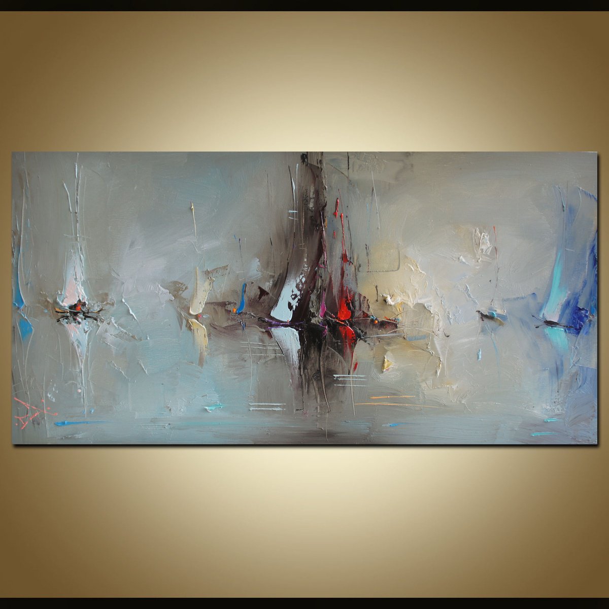 Expressive Landscape Oil Painting By Stanislav Lazarov, 39 X 20", Shadows In The Sea, Original Artwork