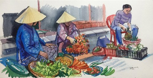 Vietnam market. People in the market, landscape. by Natalia Veyner