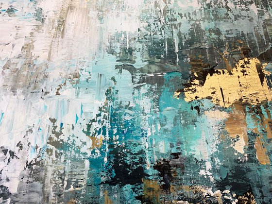 Mint Veil - Abstract Painting 60" x 40" Large Abstract Gold Leaf Soft Colors White Gray Painting