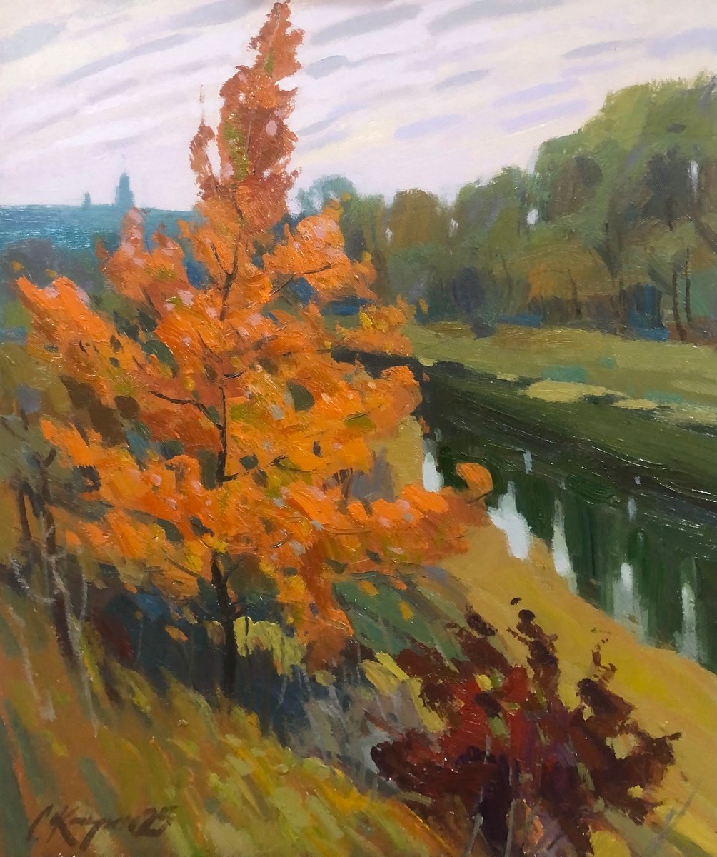 Impressionistic Landscape Acrylic Painting By Sergey Kachin, 22 X 26", Autumn, Original Artwork