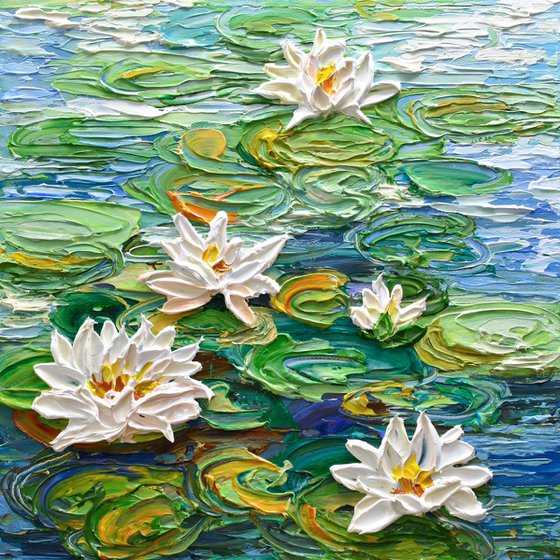 Water Lilies Pond III - Impasto Floral Art, Palette Knife Painting