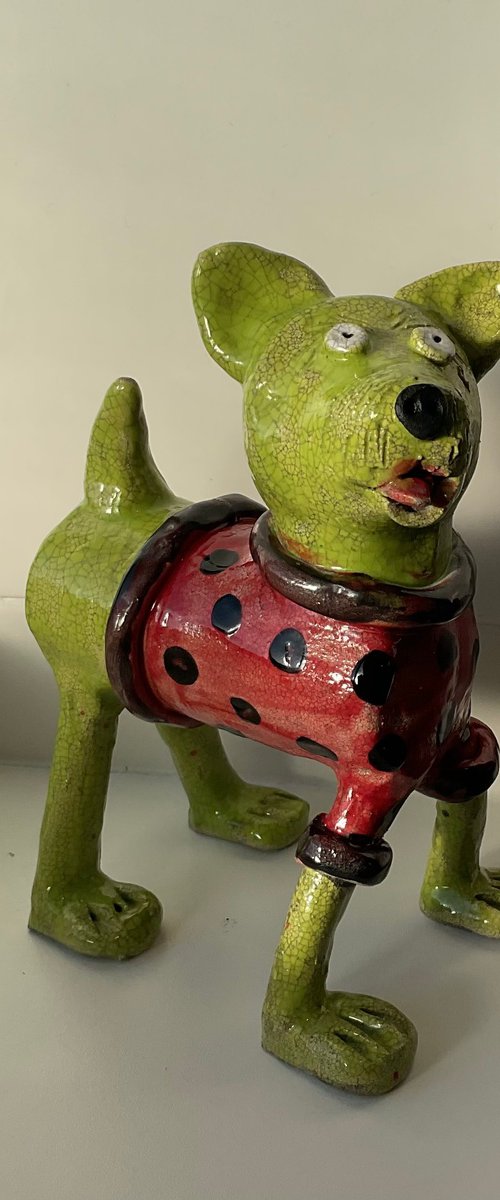 Happy Green dog in red jumper by Heather Hunt