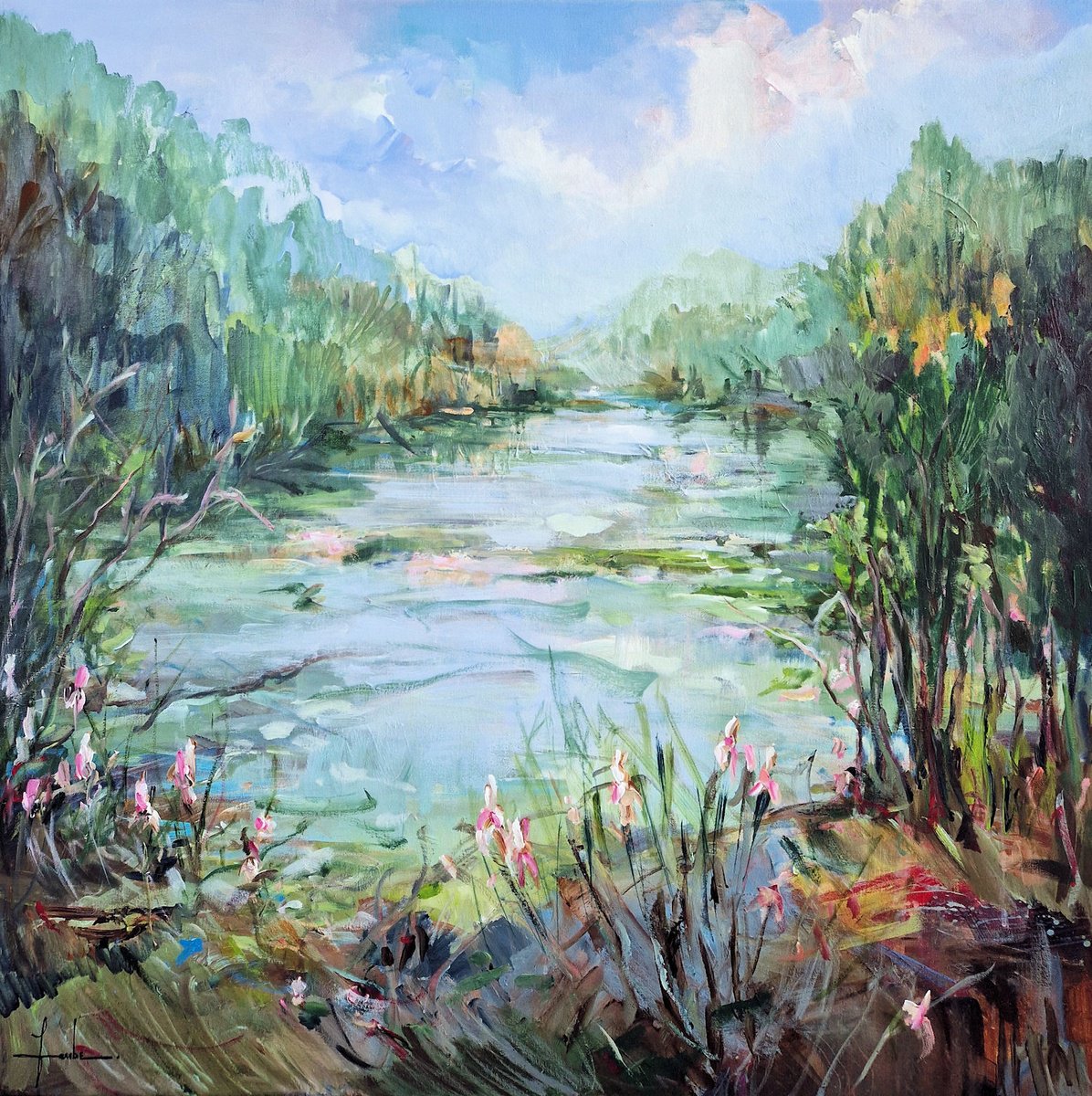 Impressionistic Landscape Acrylic Painting By Irina Laube, 39 X 39, In The Quiet Of Green, Original Artwork