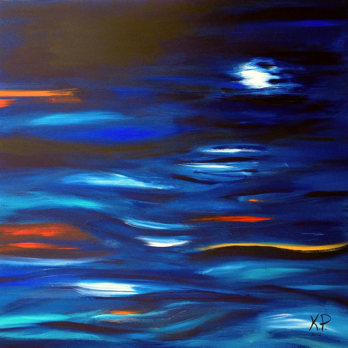 Impressionistic Landscape Acrylic Painting By Kasia Pawlak, 35 X 35", Ocean Moon, Original Artwork