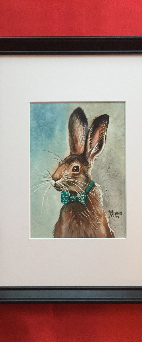 Hare in a bow tie. Mr rabbit. Christmas painting. by Natalia Veyner