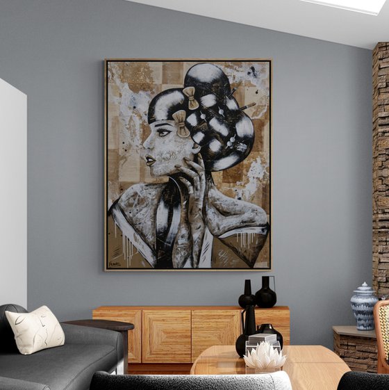 Ojo 120cm x 150cm Geisha Book Page Abstract Realism Art