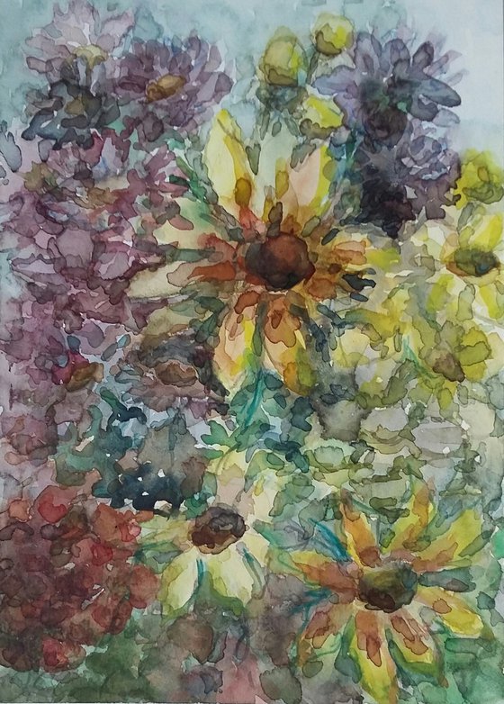 Flower bed. Original watercolour painting.