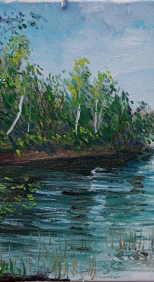 Birch trees on the lake. Plein Air by Dmitry Fedorov