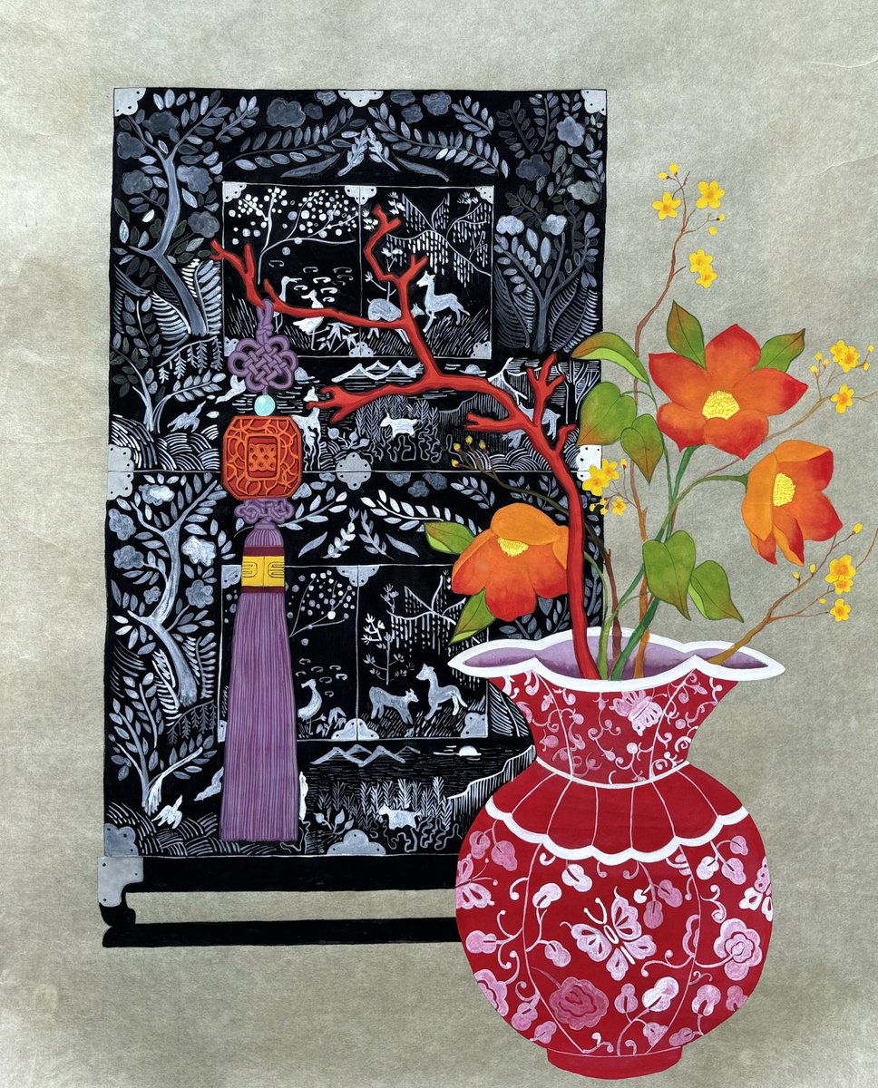 Still Life Painting By Sun-Hee Jung, 19 X 24", Mother-Of-Pearl Cabinet, Original Artwork