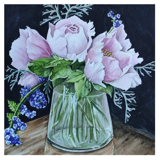 Peonies in glass vase. Watercolor painting by Svetlana Vorobyeva