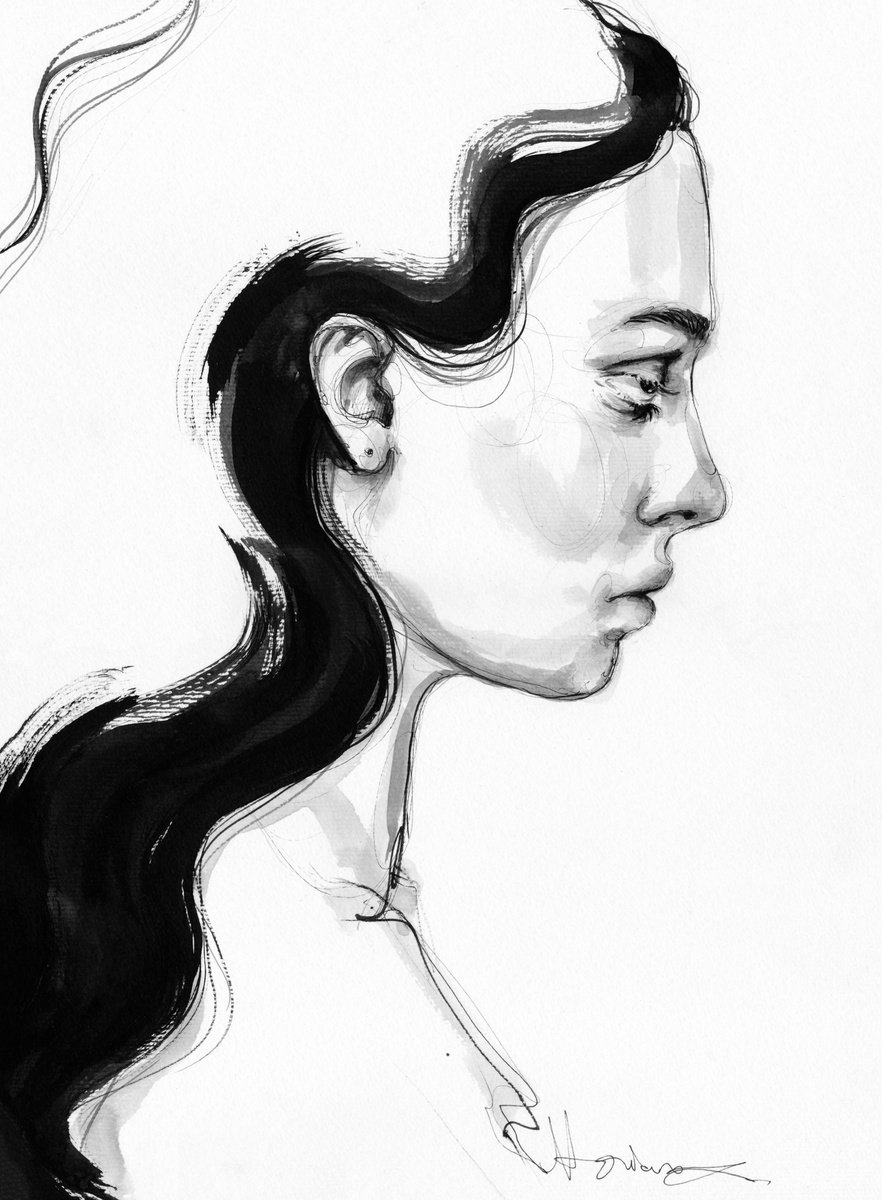Expressive Portrait Ink Drawing By Doriana Popa, 12 X 16, Moody, Original Artwork