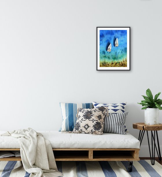 Beach wall art boats in the ocean original watercolor painting , coastal artwork, blue ocean wall art