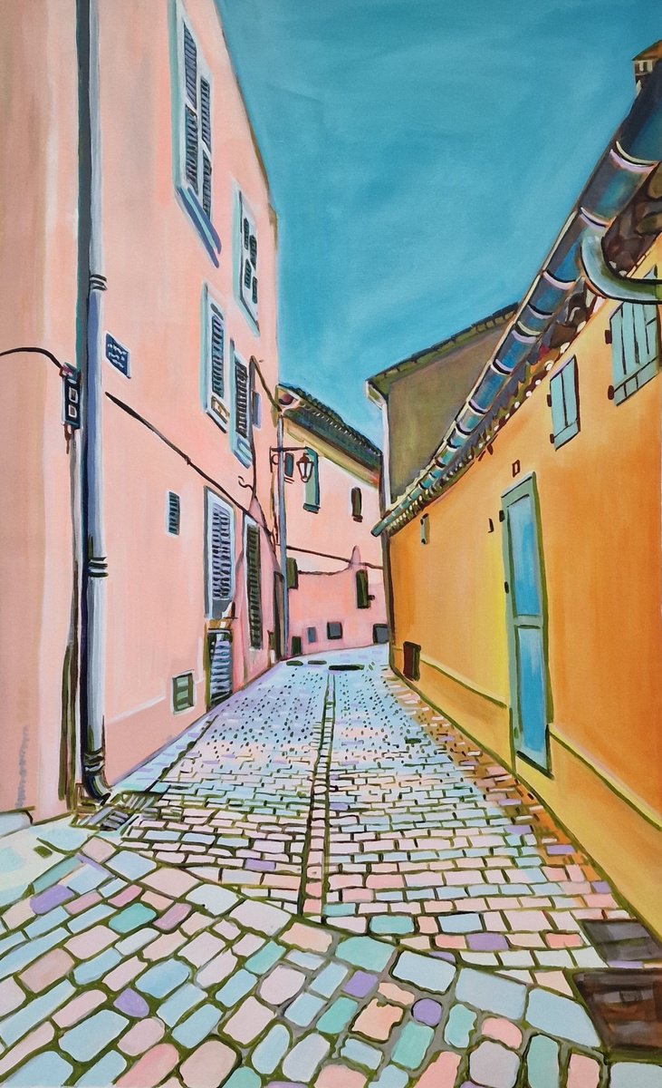 Impressionistic Cityscapes Acrylic Painting By Alexandra Djokic, 27 X 44, Saint-Tropez , Mediterranean Street Ii, Artfinder