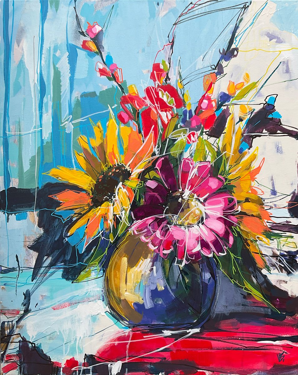 Expressive Botanical Acrylic Painting By Volha Belevets, 29 X 36", Frenzied Petals, Original Artwork