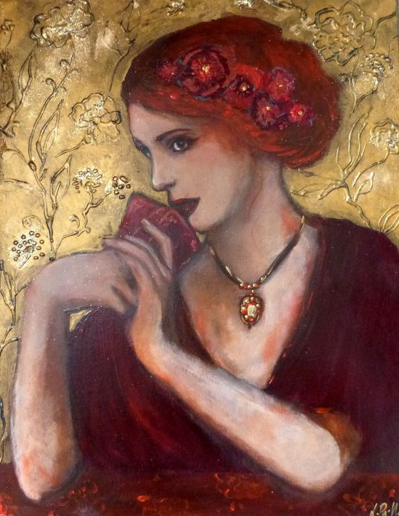 Woman portrait red hair Tarot carmin 27x35cm.