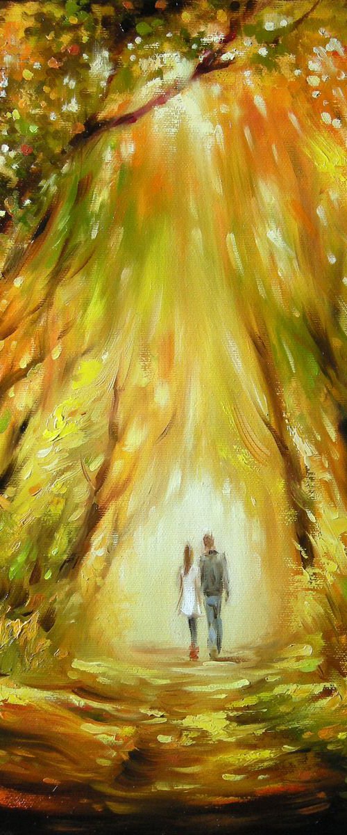THE AUTUMN WALK TOGETHER (Impressionistic palette knife oil painting nature landscape fall autumn forest path) by Yaroslav Sobol