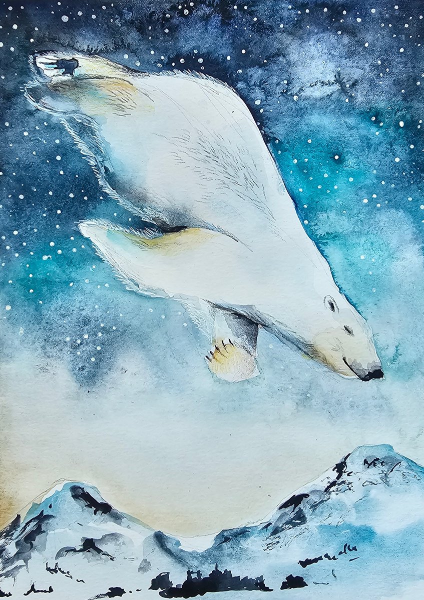 Illustrative Animal Watercolour By Evgenia Smirnova, 8 X 12, Polar Bear In The Skies(Small), Original Artwork