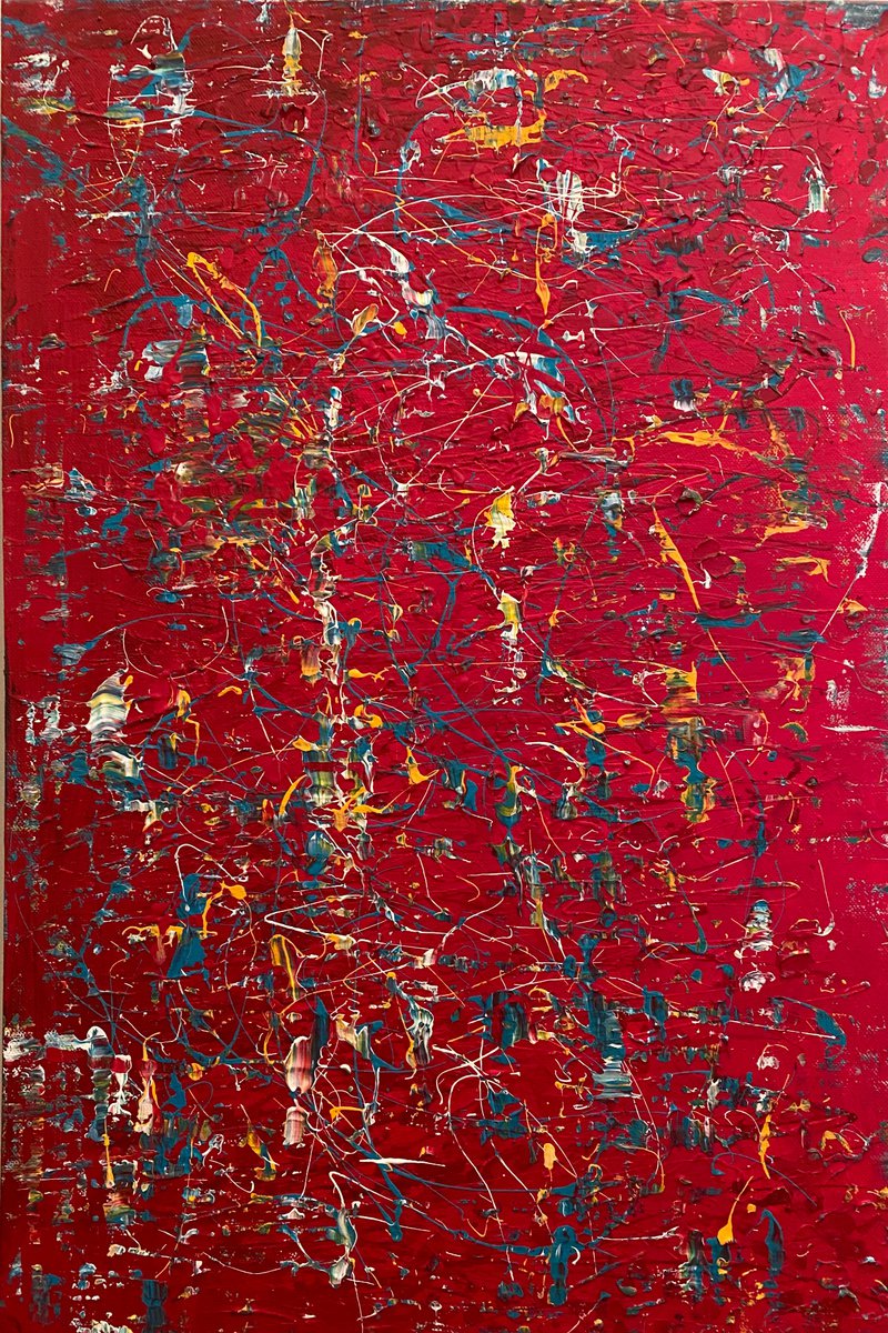 Abstract Acrylic Painting By Clare Hoath, 16 X 24, Red Pollock Inspired Abstract, Original Artwork