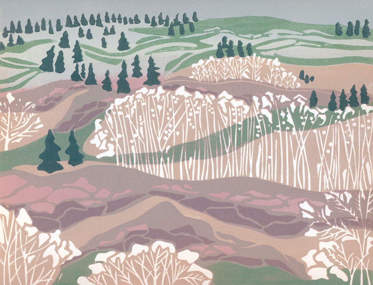 Landscape Linocut By Kate Goetz, 13 X 11", Spring Comes Like A Rose, Original Artwork