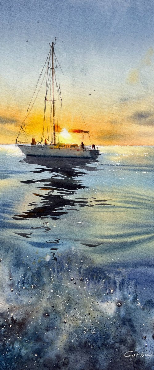 Yacht in the sea at sunset #10 by Eugenia Gorbacheva