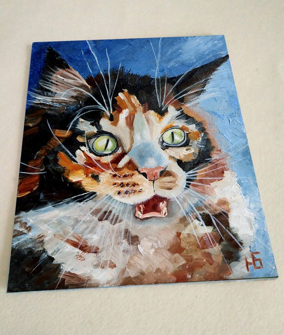 Surprised Cat Oil Painting Funny Cat Artwork Tabby Cat Portrait