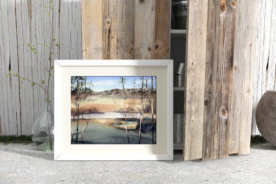 Autumn river in watercolor, fishing boat in the forest