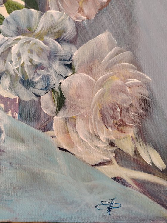 The Pionies bouquet with bees. Original.