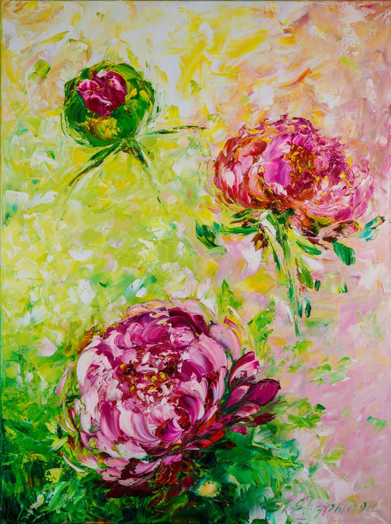 BRIGHT PEONIES - Summer day. Pink peonies. Lush buds. Abstract technique. Expressive landscape. Smile. Dawn.