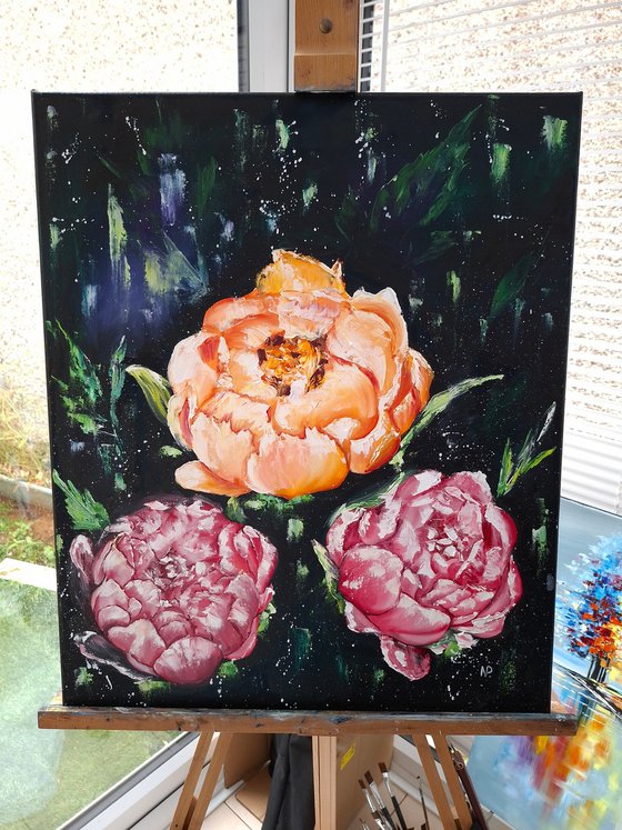 Midnight bloom, floral peonies painting