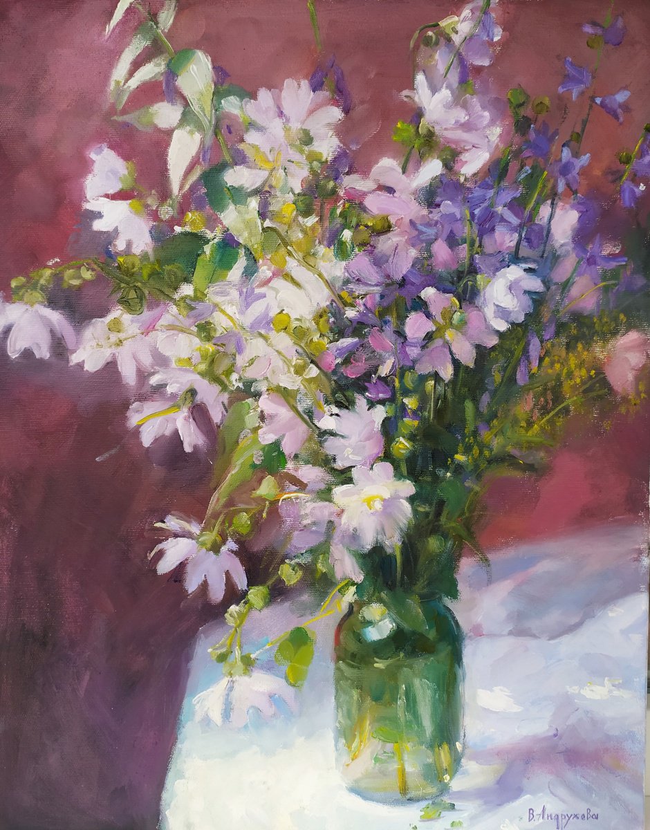 Impressionistic Still Life Oil Painting By Valentina Andrukhova, 16 X 20", Mallows And Bells, Original Artwork