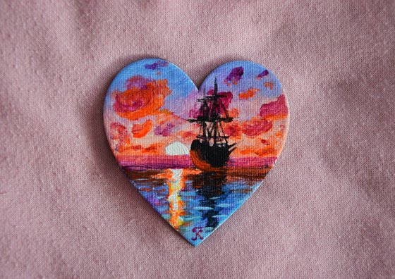 Ship painting, heart decor, fridge magnet, sunset seascape painting, romantic gift