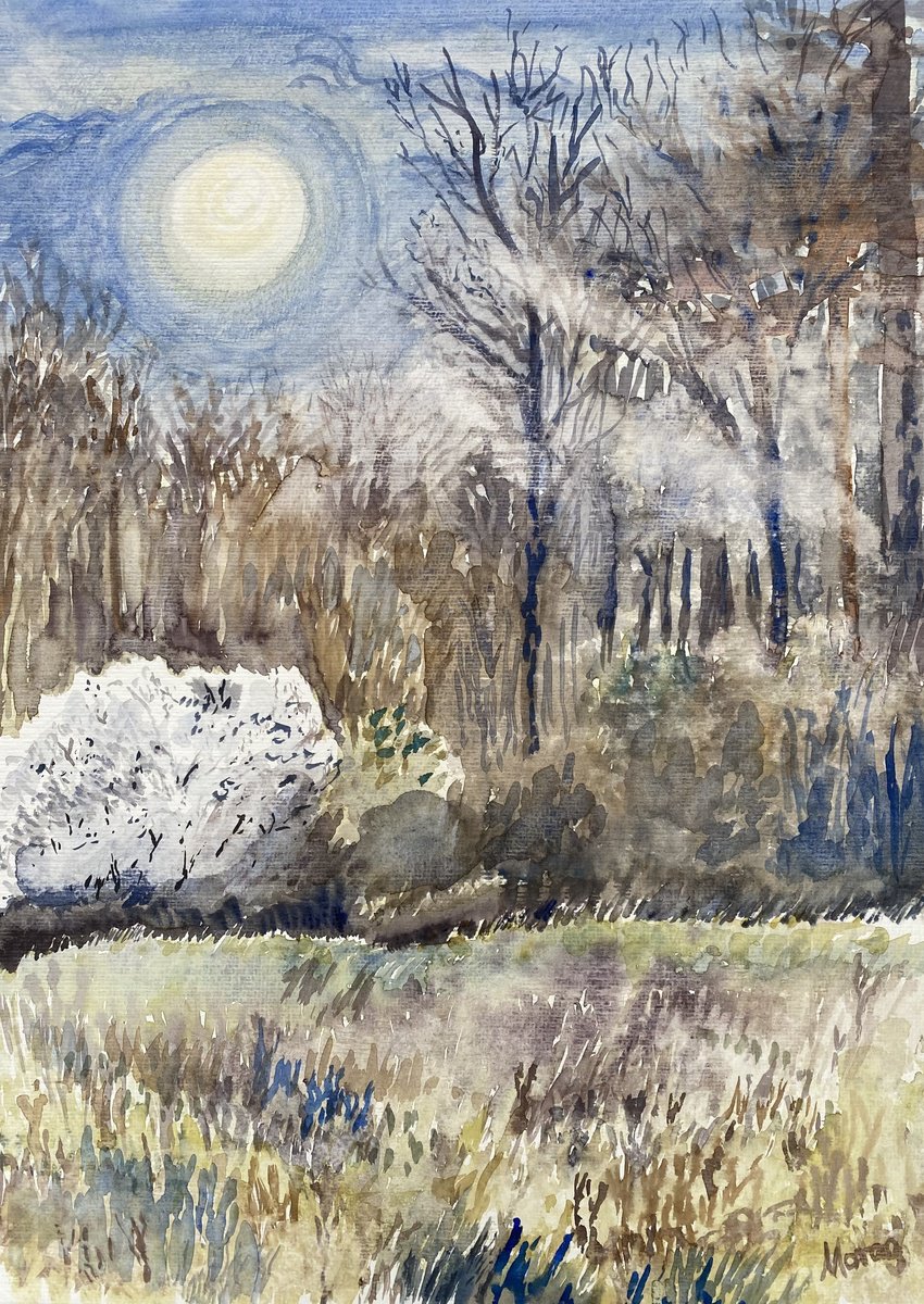 Impressionistic Landscape Watercolour By Morag Paul, 20 X 28", Spring Moon, Original Artwork