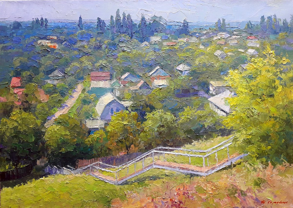 Impressionistic Landscape Oil Painting By Boris Serdyuk, 28 X 20, Sunny Day, Original Artwork