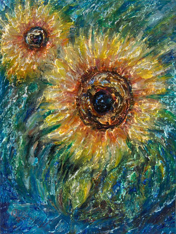 Sunflower - 12 x 16 x 0.5 in with palette knife by Lena Owens @Artfinder