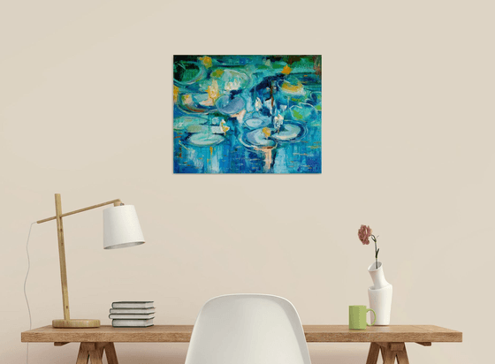 Pond Painting Water Lily Original Art Lotus Pond Landscape Artwork Floral Wall Art, 50x40 cm, ready to hang.