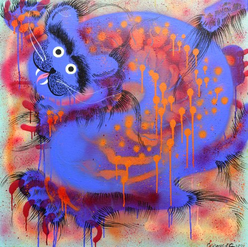 Blue Tiger. Wild cat. Naive art by Anna Onikiienko