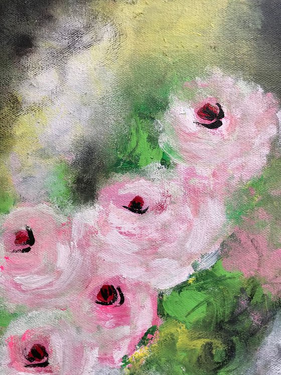 Vintage Pink Roses !! Ready to hang !! Abstract !! Floral Painting !!