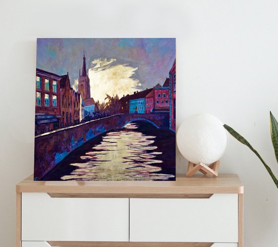 Bruges gold leaf oil painting on the wood, Brugge cityscape original wall art, Belgium Europe