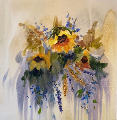 Watercolor “Still life. Flowers of Sun” perfect gift by Iulia Carchelan