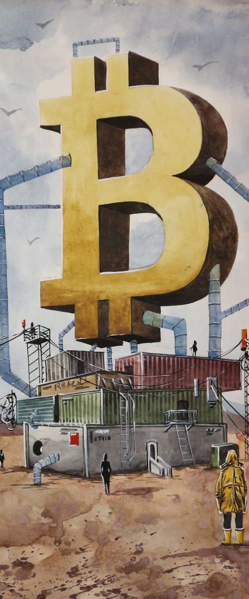 "Bitcoin manufacture" 2021 Watercolor on paper 60x42 by Eugene Gorbachenko