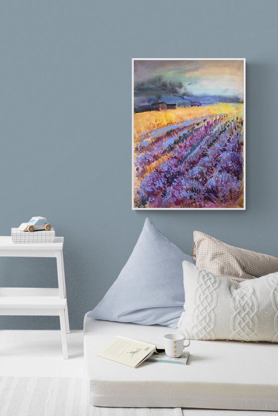 Lavender field. Abstract landscape with lavender field. Very peri painting